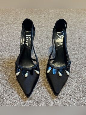 Dior (Galliano’s era) black satin heels with dangle pearl embellishments Size 36